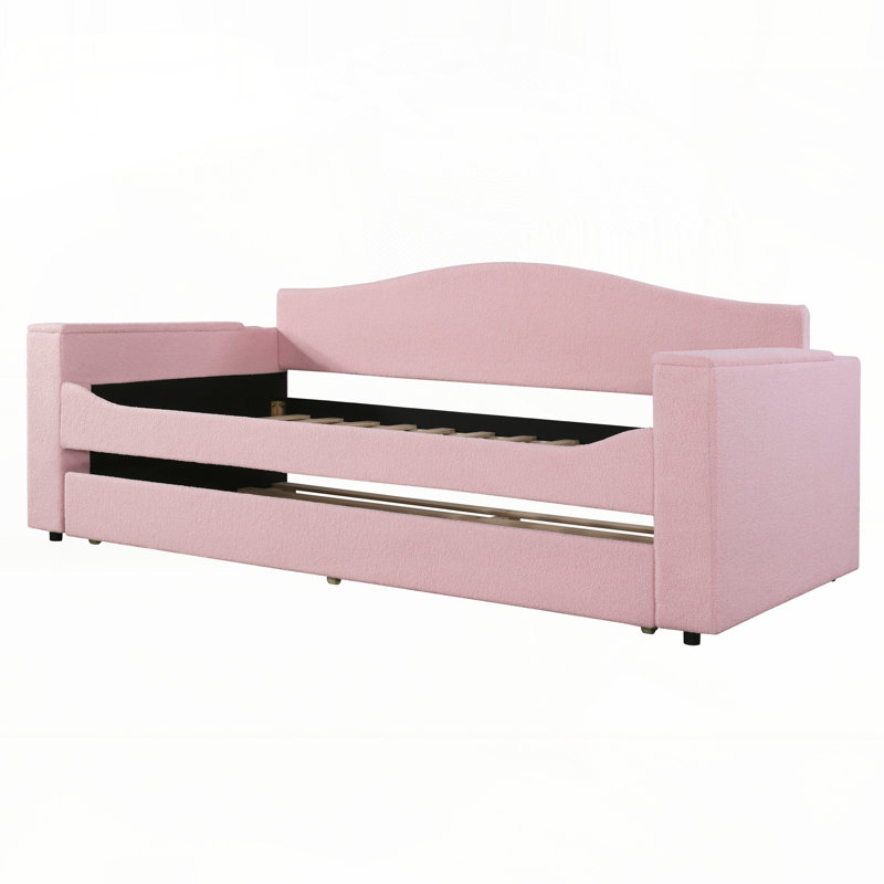 Teddy Fleece Upholstered Daybed with Storage Armrests, Trundle and Latest Integrated Bluetooth Audio System, Twin, Beige