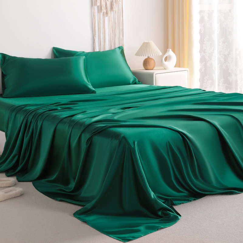 Ensemble de draps soyeux et soyeux, doux pour les cheveux et la peau, infroissable, infroissable, Vert foncé