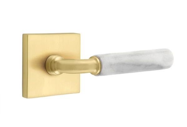 Mortaise intérieure Emtek Select avec rosette carrée et tige R-Bar, levier en marbre blanc, Laiton satiné, Oui
