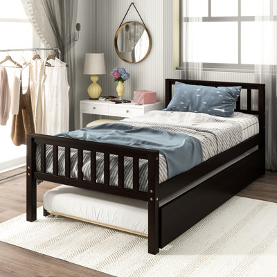 Twin Bed With Trundle, Platform Frame Headboard And , No Box Spring Needed For Compact Bedrooms, Pull - Out Trundle Extra Option, Space Saving Design, Pine, Quick Setup Perfect Small Living Areas,
