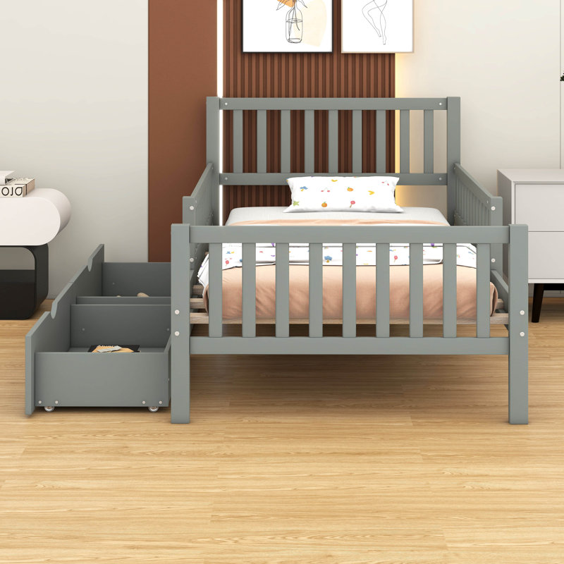 Lit plateforme en bois - garde-corps double face + deux tiroirs de rangement intégrés, Lit simple, Gris