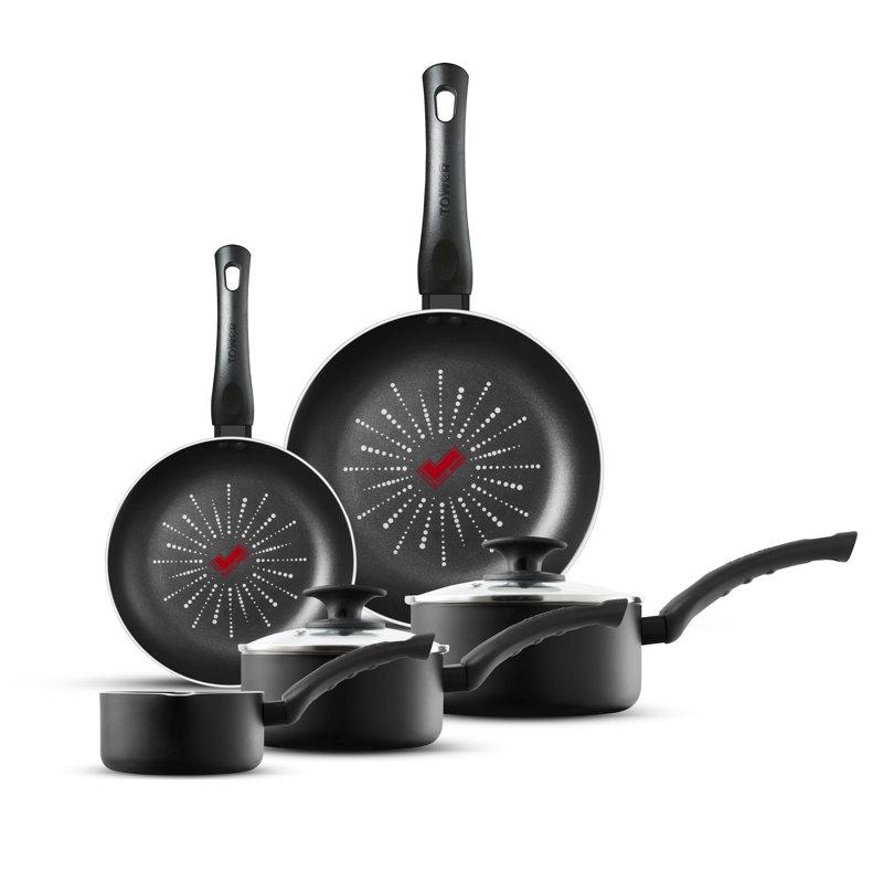 Tower T700304 SmartStart Classic 5 Piece Cookware Set with 14cm Milk Pan, 16cm & 18cm Saucepans with Tempered Glass Lids, 20cm & 24cm Frying Pans, Black