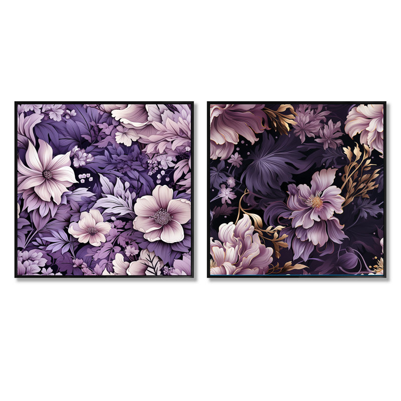 Twedt - Ensemble de 2 collages carrés floraux, Cadre flottant noir, H 16 po x l 33 po