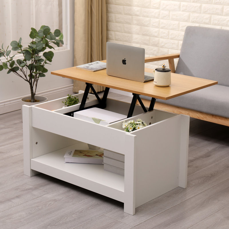 Modern Lift Top Up Coffee/Tea/Sofa Table With Blttom Storage Shelf Living Room Furniture, White