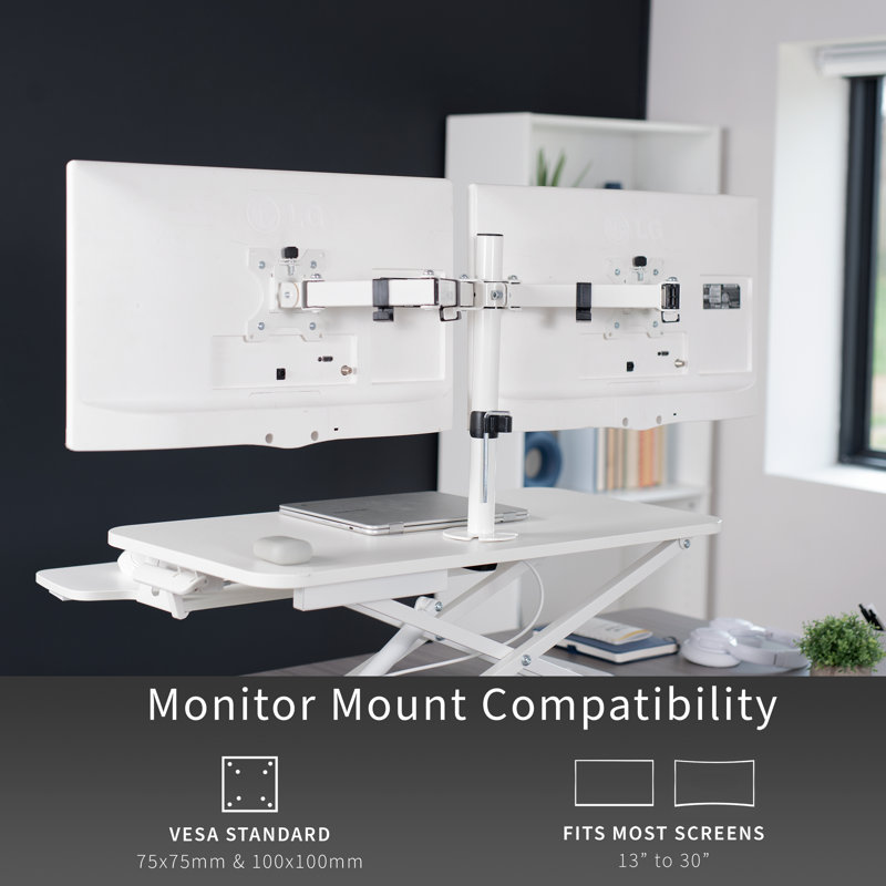 32" Standing Desk Converter with Dual Monitor Mount DESK-V000K-M2 Series, White/White