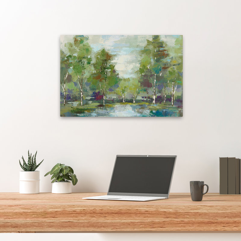 Forêt à l'aube - abstrait bleu forêt vert, H 24 po x l 16 po