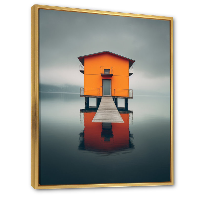 Petite embarcadère en bois Misty Lake Day - impression, Cadre flottant doré, H 32 po x l 16 po x P 1 po
