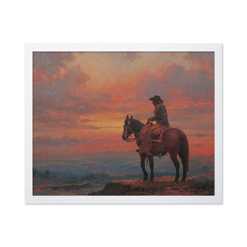 Coucher de soleil Cowboy, Poster, White Framed, 11"H x 14"W