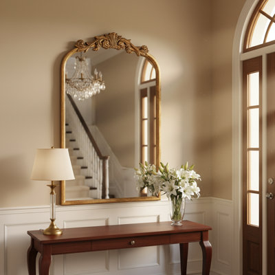 Miroir mural rétro doré 19 po x 31 po, cadre laiton antique baroque, design arqué pour la salle de bain, le salon, le foyer et le vestibule