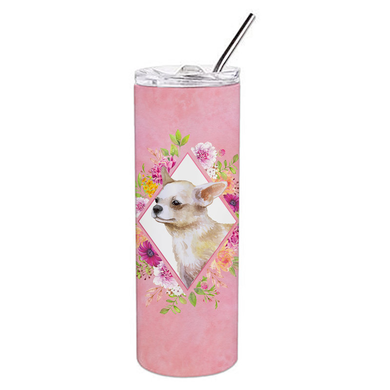20oz. Stainless Steel Double Wall Glass, Beige Chihuahua, Pink