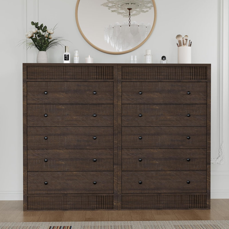 Fluted 5 Drawer Tall Wooden Dresser, 31.5" Wide Modern Storage Cabinet for Bedroom, Walnut