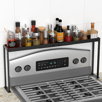 Over the Stove Shelf, Expand 27 to 33 Inch for Curved Stove,Black | 4 Level Adjustable Height,Sturdy Metal Spice Rack Shelf