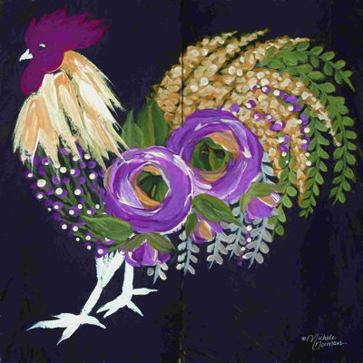 «Floral Rooster on Black» par Michele Norman - reproduction d'art sur toile tendue