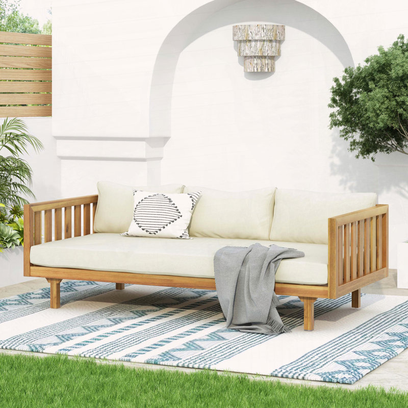 Lit de jour en bois d'acacia avec lambris classique, Coussin beige / structure en teck