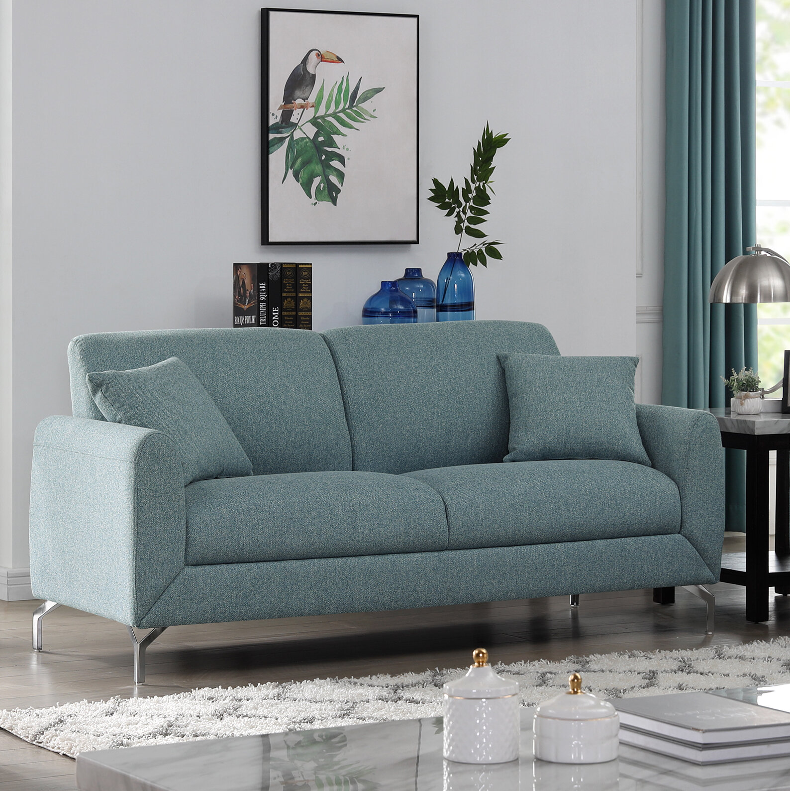 East Side Teal Blue,Green Chenille Fabric Chaise Sofa - Rooms To Go