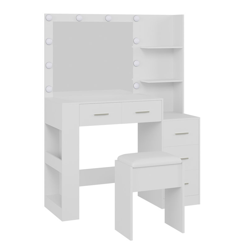 Makeup Vanity with Lights and Mirror, 41" Vanity Desk with Stool and Outlets, Lighted Vanity Table with 10 Bulbs, 3 Color Modes, 5 Drawers, Hair Dryer Holder for Bedroom