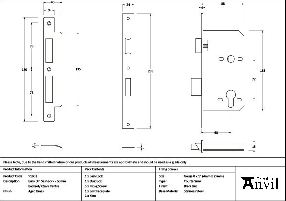 Euro Din Sash Lock, Aged Brass