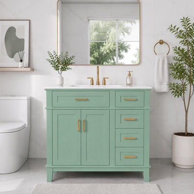 Meuble-lavabo moderne avec lavabo en céramique, portes à fermeture en douceur et 4 tiroirs de rangement pour un design élégant et fonctionnel