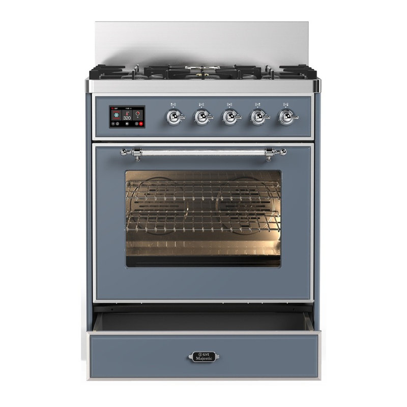 Majestic III Series 30 Inch Dual Fuel Range with 5 Sealed Burners in Emerald Green (Natural Gas, Burnished Trim), Blue Gray