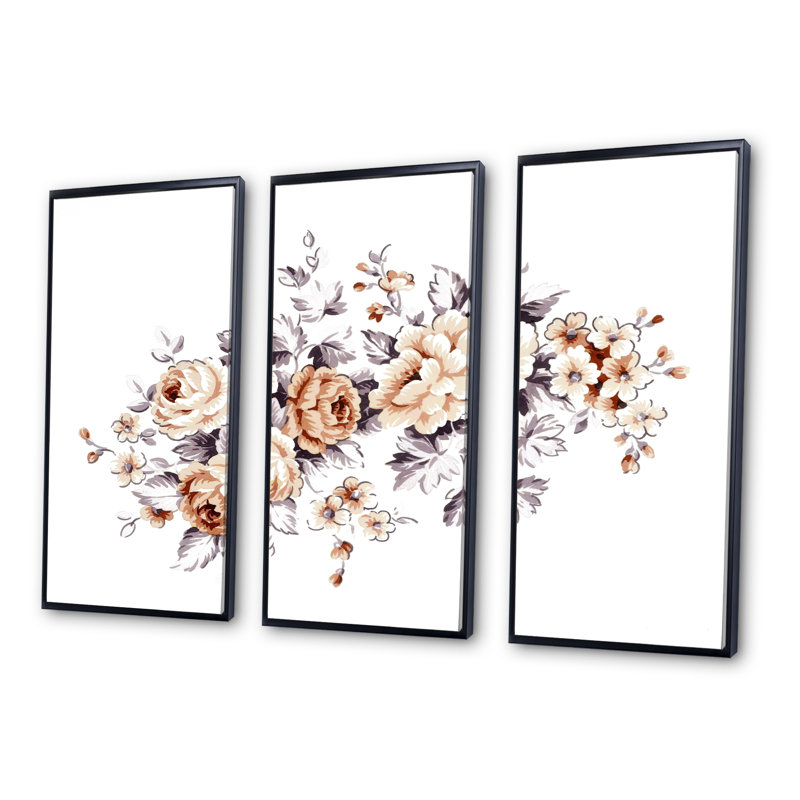 «Pink Wild Roses», ensemble de 3 toiles encadrées traditionnelles, Noir, H 28 po x l 36 po x P 1 po