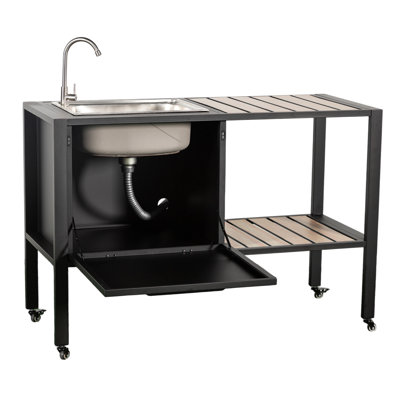 52'' Mobile Outdoor Kitchen Island with Stainless Steel Sink and Faucet, BBQ Prep Cart with Drop-Down Storage
