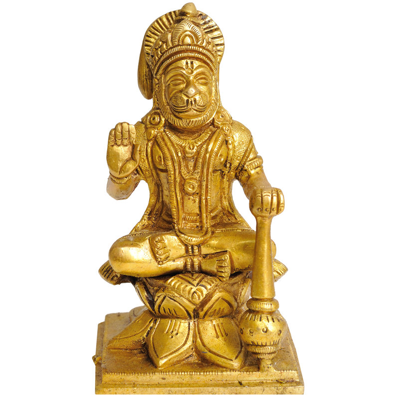 Statue de Hanuman en laiton fabriquée à la main - 5 pouces assis sur un lotus pour des décorations spirituelles, des autels et des espaces de bien-être dévotionnels
