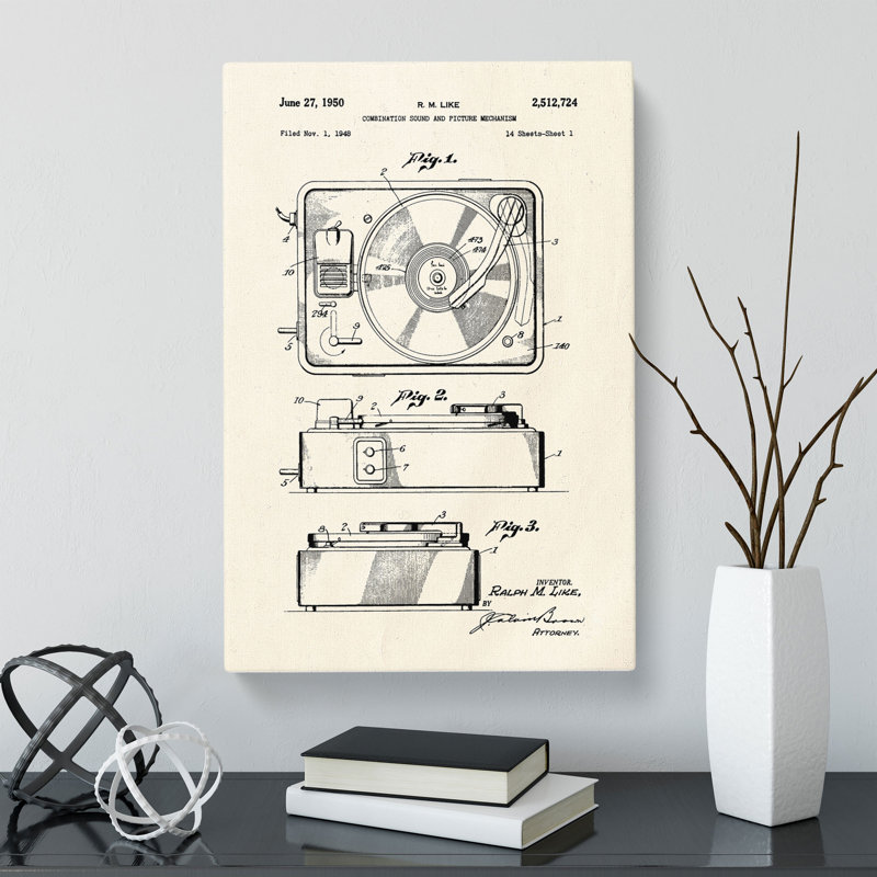 Record Player Patent - Wrapped Canvas, 50cm H x 35cm W x 3cm D