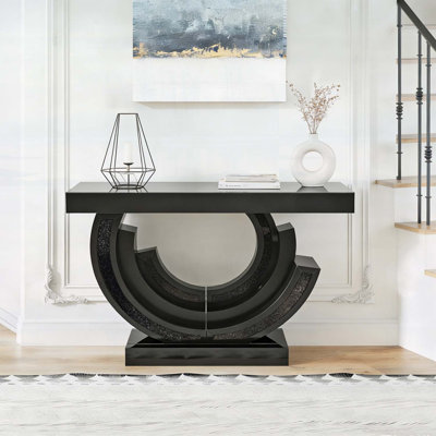 Console de luxe moderne avec base en miroir en demi-lune, table d'entrée en verre trempé noir avec décor de diamant concassé, canapé d'appoint glamour pour le salon