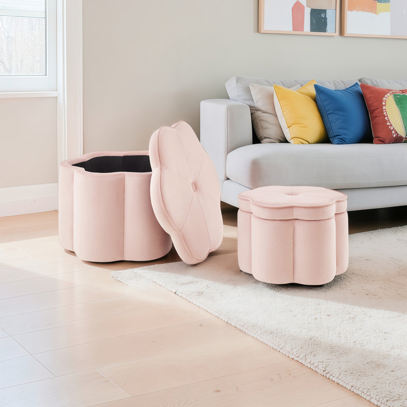 Ensemble de 2 repose-pieds de rangement en velours en forme de fleur, petits et grands, Pink