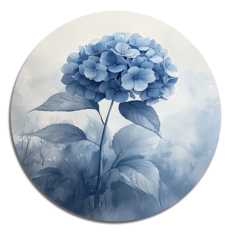 Hortensias bleus dans le rêve brumeux II - impression d'hortensias sur un cercle métallique, H 23 po x l 23 po