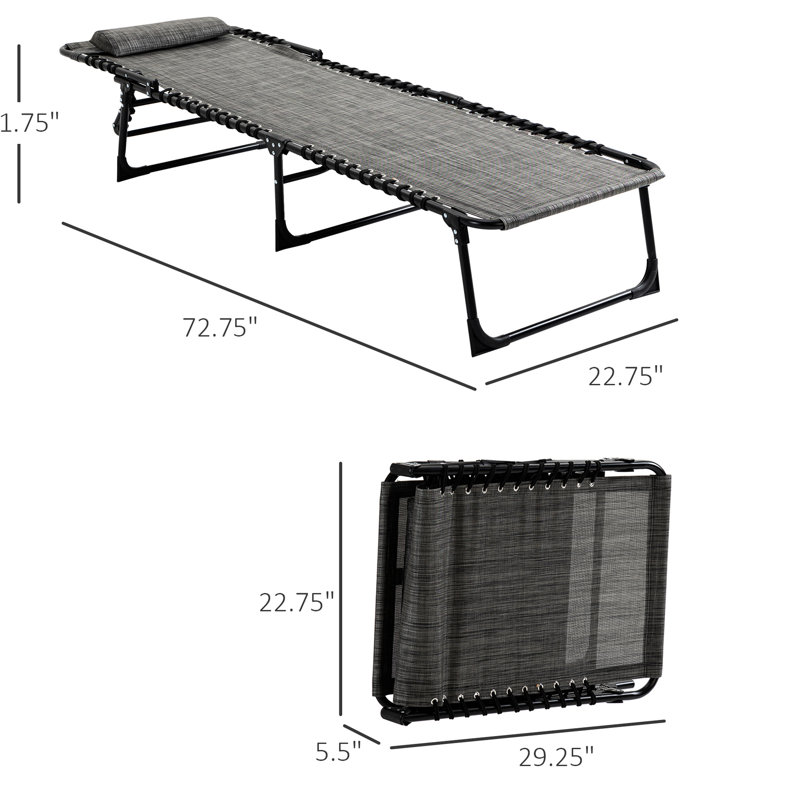 Chaise longue portative pour lit de camp portable avec matériau respirant et stabilité - chaise de plage réglable grise, coussin pliant amovible, poche latérale,