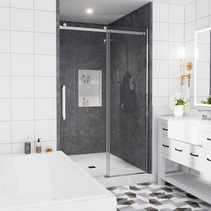 Étoile 44"-48" W x 76" H Frameless Single Sliding Shower Door with Soft-Closing and Clear Tempered Glass, Chrome