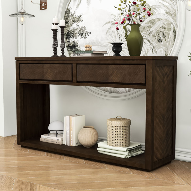 Elegant Chevron Pattern Console Table with 2 Drawers, Brown