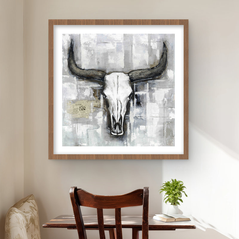 Crâne de taureau, reproduction encadrée - animaux gris