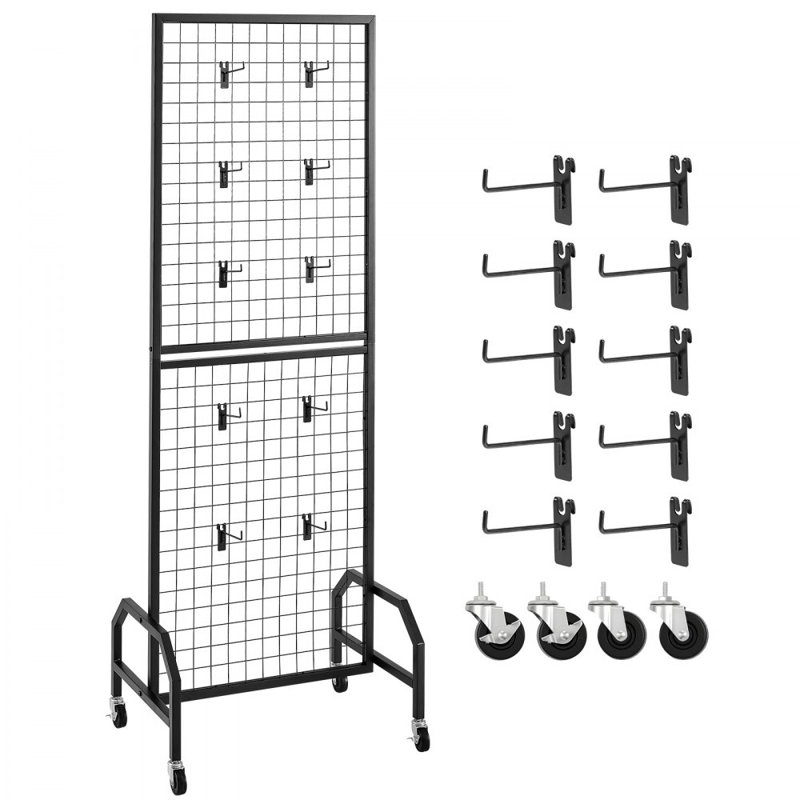 Panneau mural quadrillé, support de panneaux grillagés 1,9 x 5,4 pi, tablette mobile avec roulettes et 10 crochets, mur grillagé en acier au carbone noir pour salon d'artisanat, décoration, rangement, tableau d'affichage