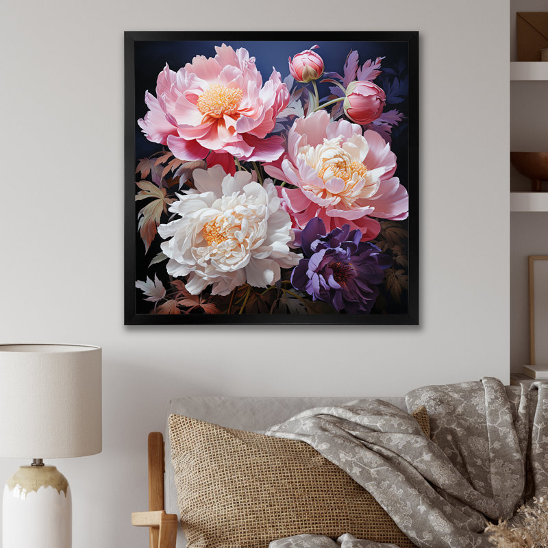 Art asiatique pivoines en rose II - impression, H 16 po x l 16 po x P 1 po, Cadre simple noir