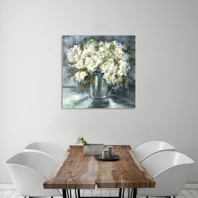White & Black Hydrangeas In Mason Jar - Wrapped Canvas Print, 121.9 cm H x 121.9 cm W