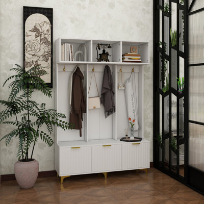 Grand portemanteau moderne avec banc, banc de rangement multifonctionnel avec portes cannelées ultrabrillantes, portemanteau luxueux avec 6 crochets et pieds dorés pour le hall d'entrée et le salon