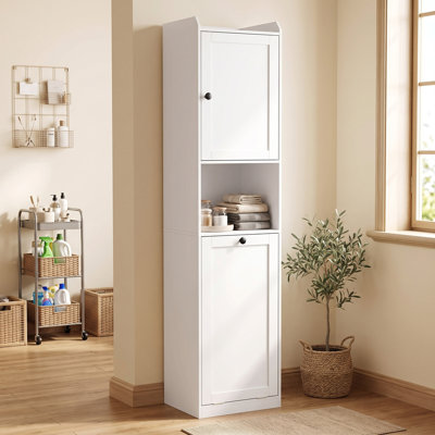 67" Tall Bathroom Storage Cabinet w/ Tilt-out Laundry Basket, White