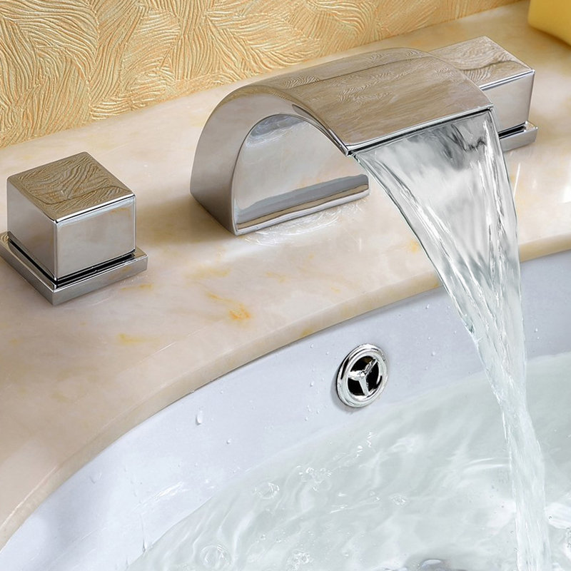 Sumerain Widespread Waterfall Bathroom Faucet,Modern 2-Handle Deck Mount Sink Faucet with Disc Cartridge, Chrome Finish