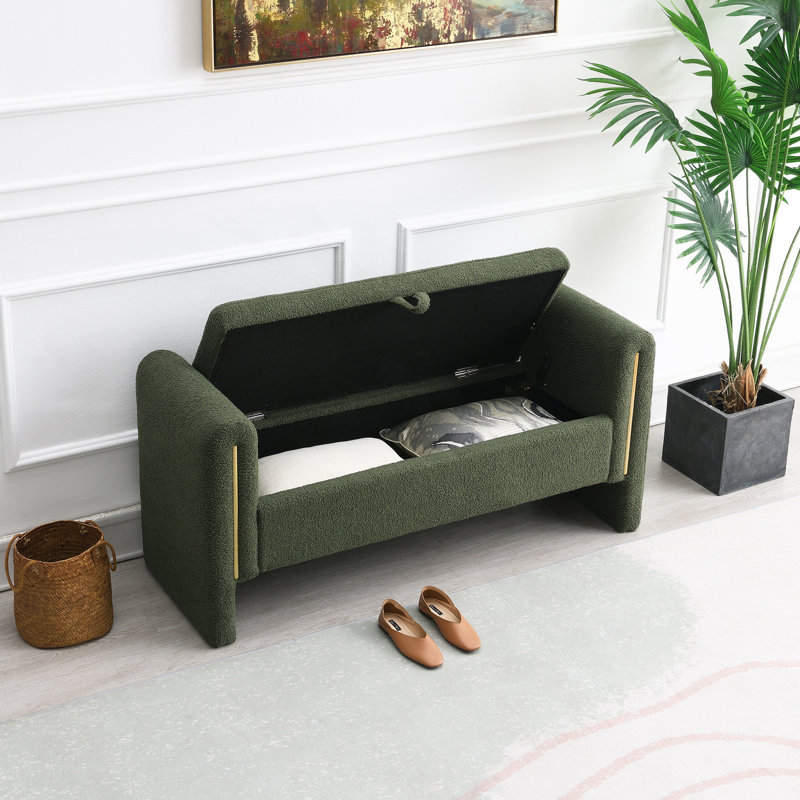 Banc moderne avec accoudoirs et rangement, grand repose-pieds rembourré, Vert olive
