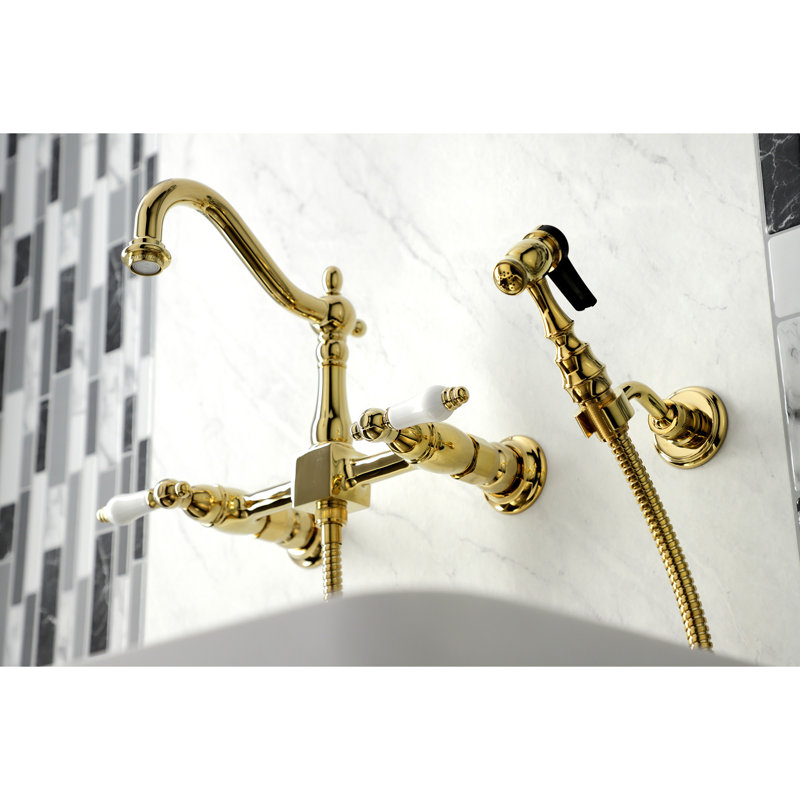 Kingston Brass Heritage Double-Handle 3-Hole Wall-Mount Bridge Kitchen Faucet with Brass Sprayer, Light Gold