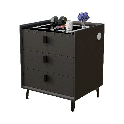 Black Nightstand with Charging Station, Wireless Charging & 3-Color LED Light – Smart Bedside Table with USB-C, USB-A & AC Outlet, 3 Soft Close Drawers, Tempered Glass Top
