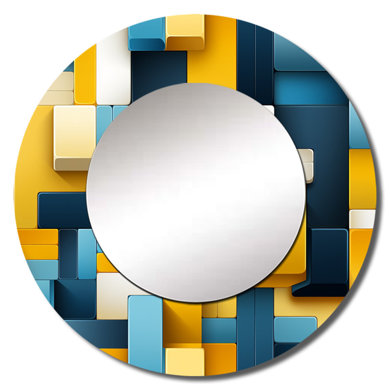 Harmonie de blocs géométriques jaunes et bleus - miroir géométrique, miroir mural rond vert, impression sur métal