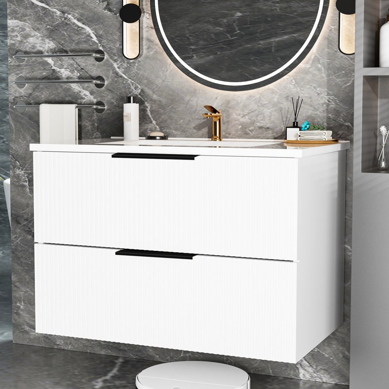 Meuble-lavabo mural moderne flottant de 36 pouces avec lavabo en céramique blanc et deux tiroirs, premier tiroir en forme de U, espace de rangement organisé, panneau multicouche pour plus de durabilité, installation simple