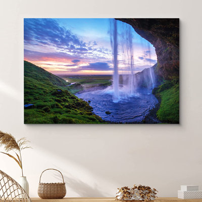 Waterfall Prairie Under The Purple Sunset Sky Nature Landscape Pictures Large Canvas Print Wall Art