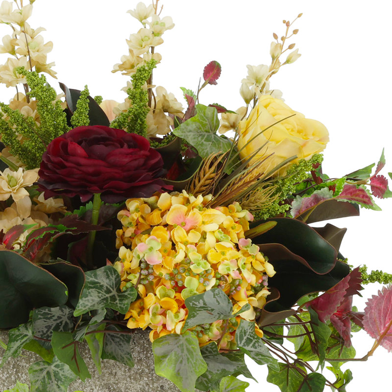 Delphinium, Roses And Hydrangea Arrangement In Gray Stone Planter