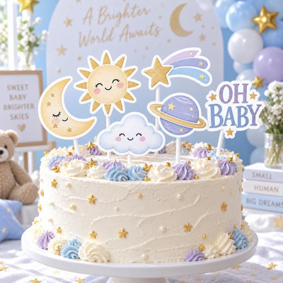 Ensemble de 6 décorations pour gâteau de naissance sur le thème céleste, motif lune et étoiles