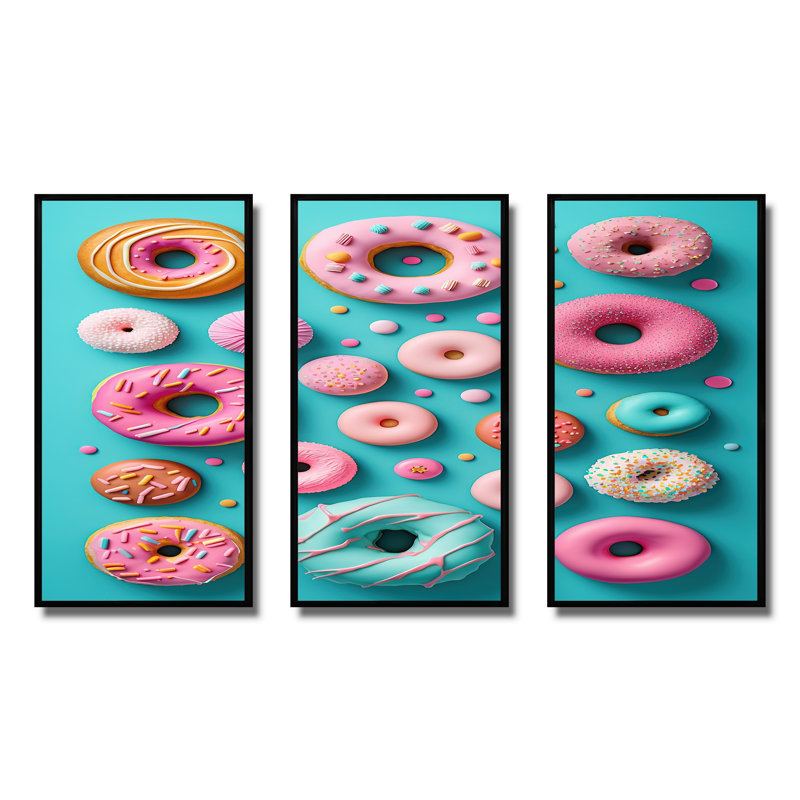 «Colorful Donuts Flatlay IV», reproduction sur toile 3 pièces, Cadre noir, H 28 po x l 36 po x P 1 po