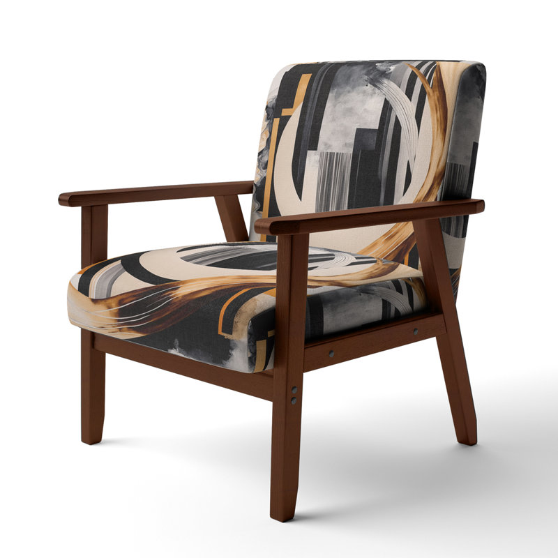 Chaise d'appoint rembourrée, fauteuil moderne Jifi, Polyester noir / or / ivoire, Accoudoirs carrés bruns